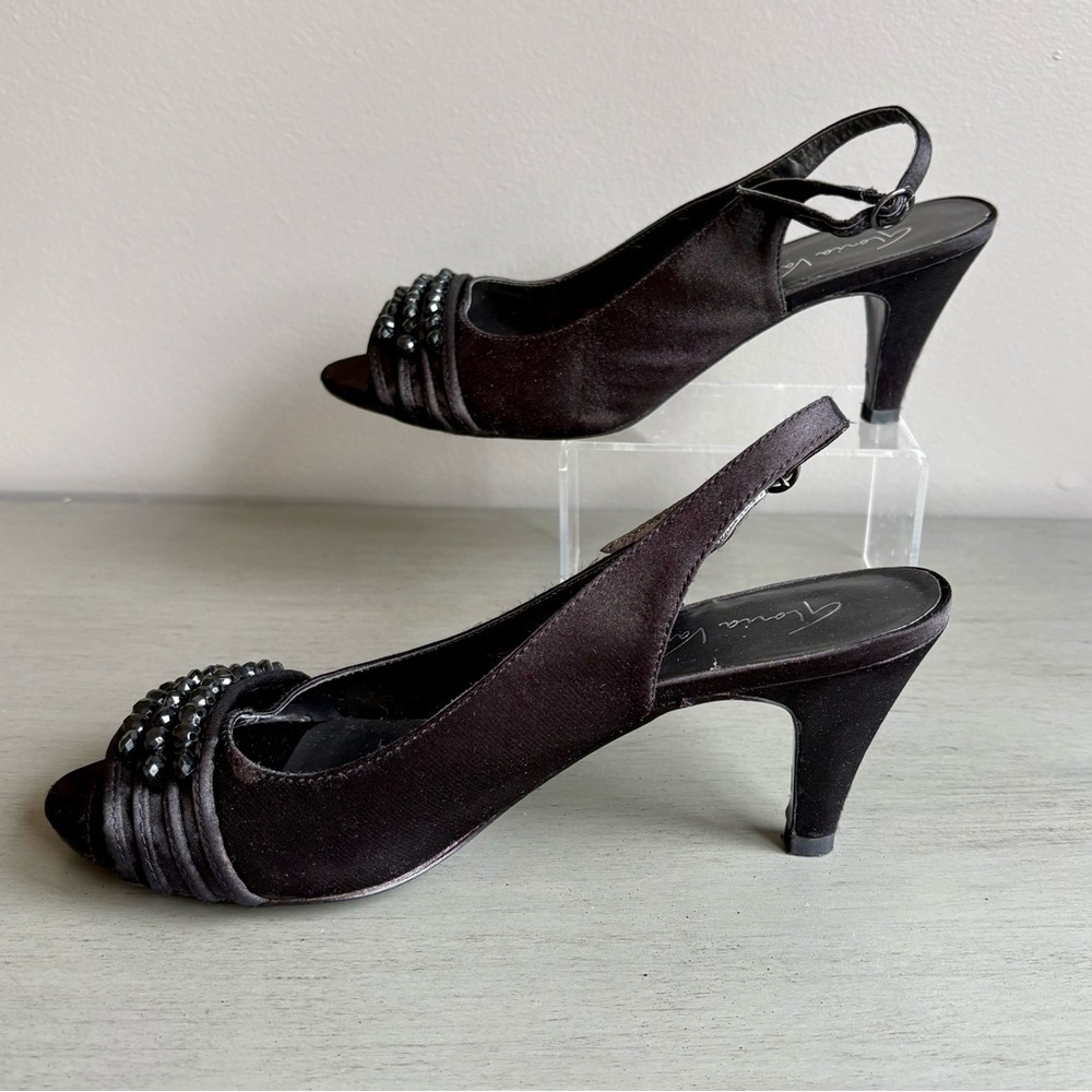 Gloria Vanderbilt Sling Back Satin Beaded Peep Toe Heels Shoes Women 7.5W Black - Picture 10 of 15